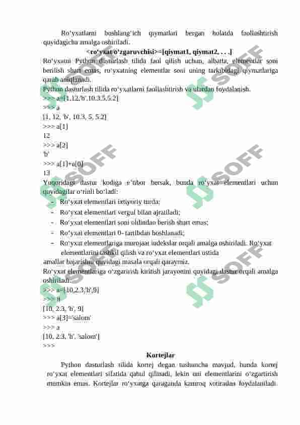 phytonda ro'yxat, kortej, lug'at to'plamlar bilan ishlash 2