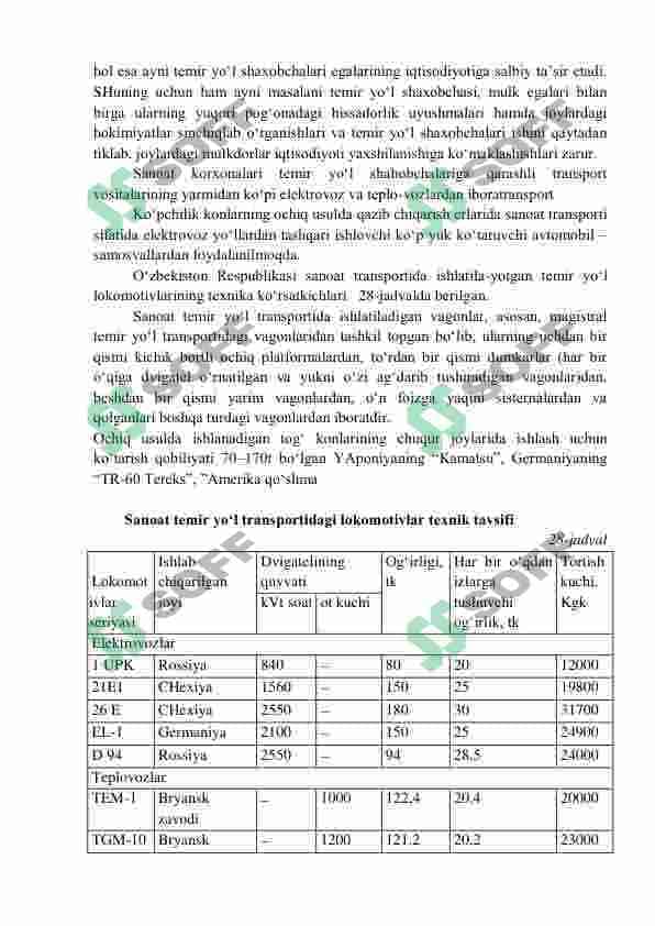 SANOAT TRANSPORTI TAVSIFI, YUTUQLARI VA RIVOJLANISH MUAMMOLARI 2