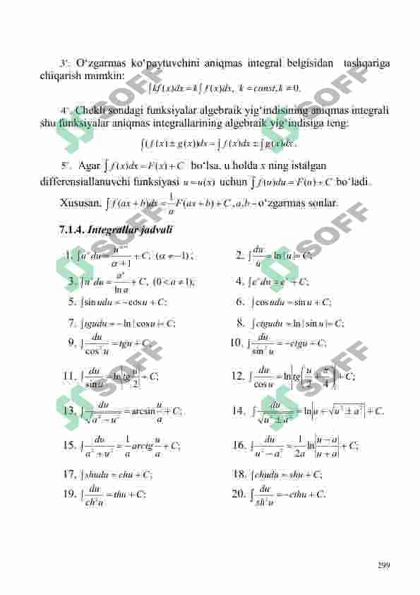 Boshlang‘ich funksiya. Aniqmas integral.  Aniqmas intеgralning xossalari. Integrallar jadvali 2
