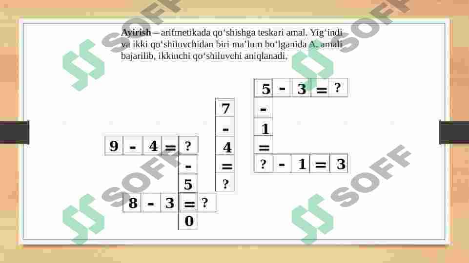 Arifmetik amallar: qo’shish, ayirish, ko’paytirish va bo’lish 4