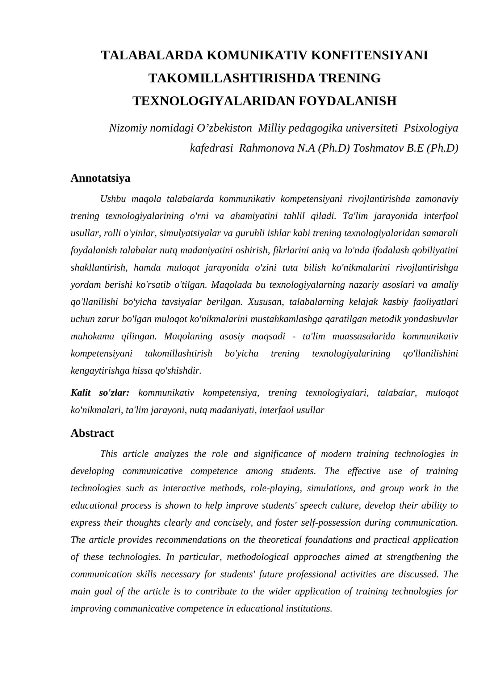 TALABALARDA KOMUNIKATIV KONFITENSIYANI TAKOMILLASHTIRISHDA TRENING TEXNOLOGIYALARIDAN FOYDALANISH 1
