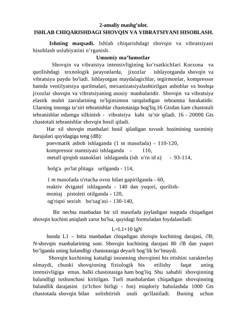 Ishlab chiqarishdagi shovqin va vibratsiyani hisoblash 1