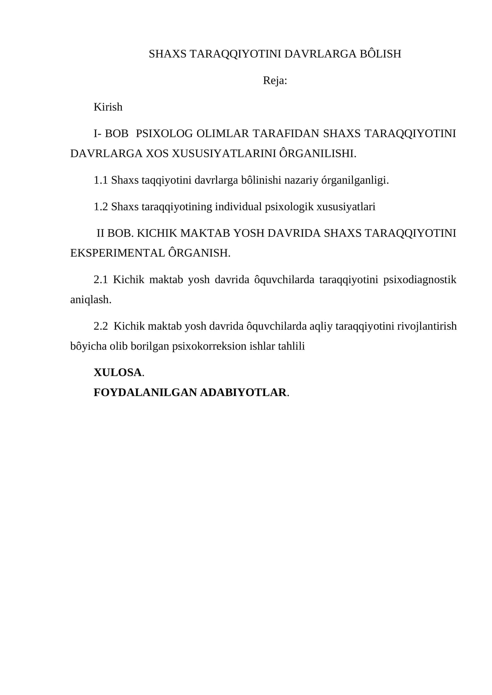 SHAXS TARAQQIYOTINI DAVRLARGA BÔLISH 1