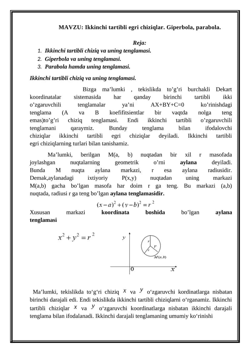 Ikkinchi tartibli egri chiziqlar. Giperbola, parabola 1