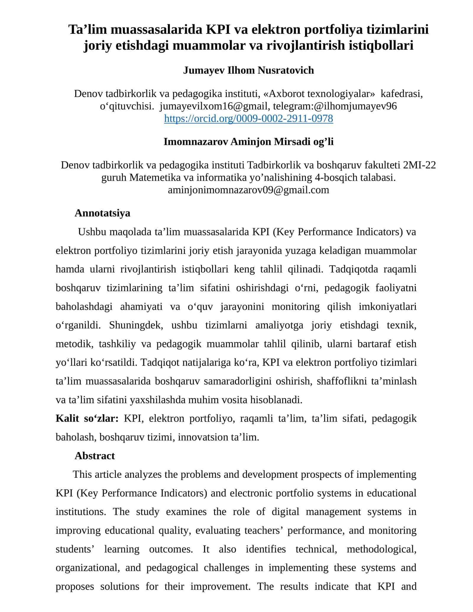 Ta’lim muassasalarida KPI va elektron portfoliya tizimlarini joriy etishdagi muammolar va rivojlantirish istiqbollari 1