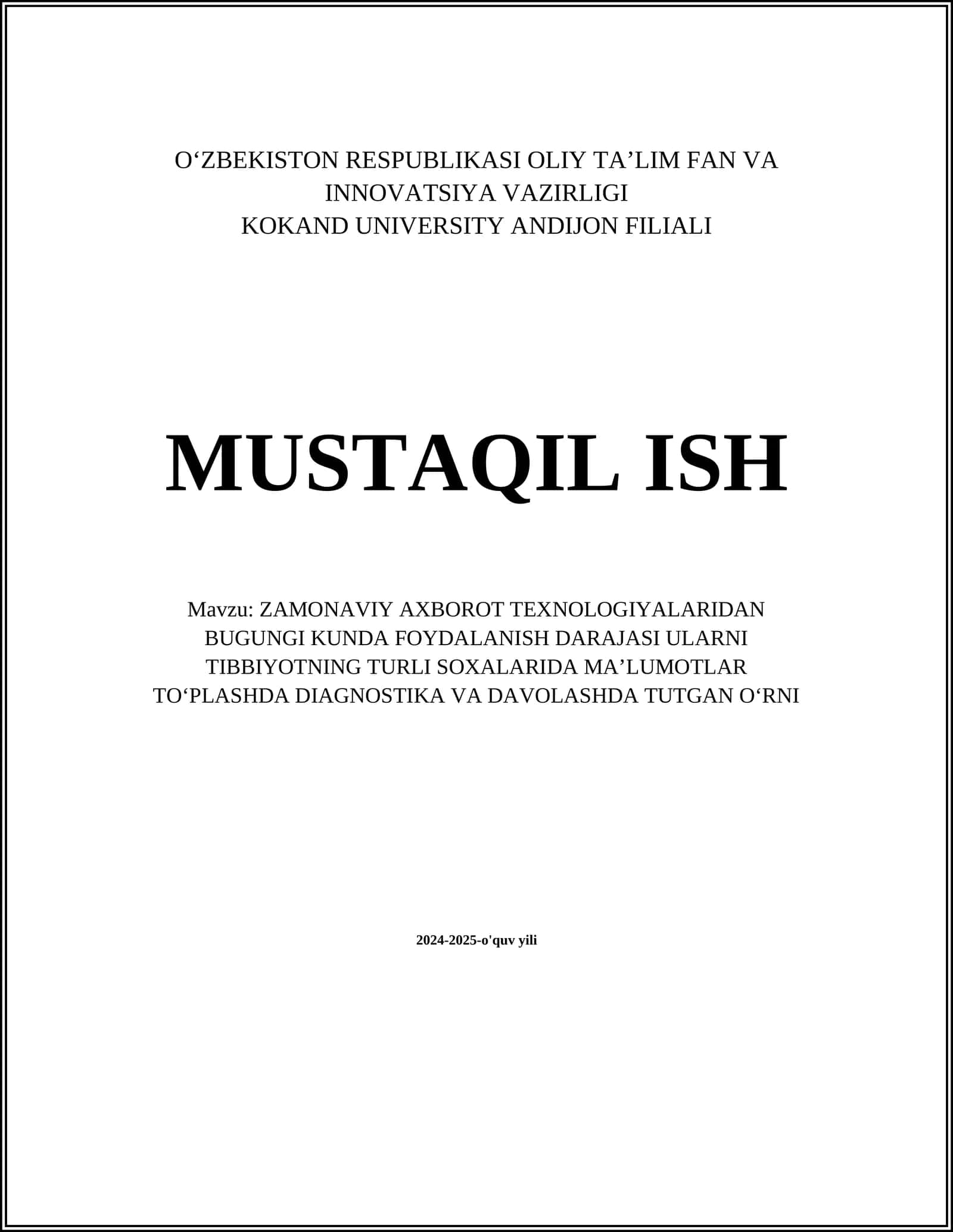 ZAMONAVIY AXBOROT TEXNOLOGIYALARIDAN BUGUNGI KUNDA FOYDALANISH DARAJASI ULARNI TIBBIYOTNING TURLI SOXALARIDA MAʼLUMOTLAR TOʻPLASHDA DIAGNOSTIKA VA DAVOLASHDA TUTGAN OʻRNI 1