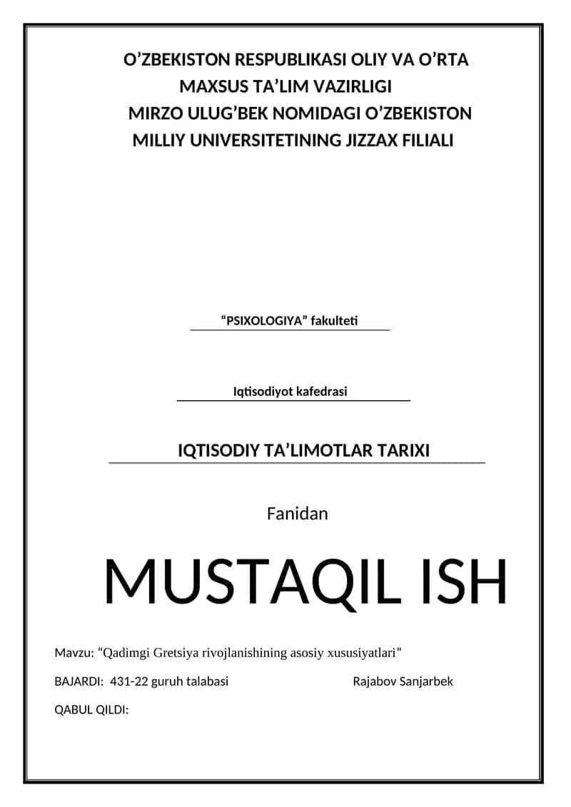 Qadimgi Gretsiya rivojlanishining asosiy xususiyatlari 1