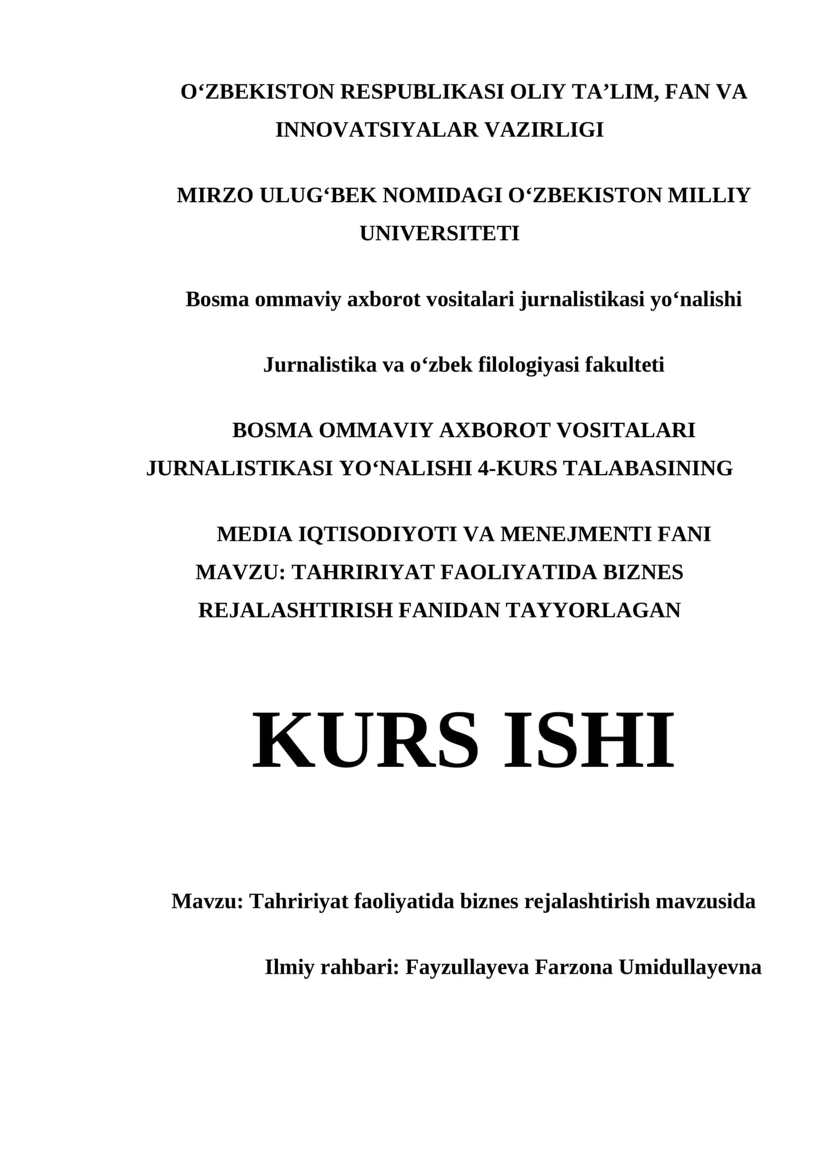 TAHRIRIYAT FAOLIYATIDA BIZNES REJALASHTIRISH FANIDAN TAYYORLAGAN KURS ISHI 1