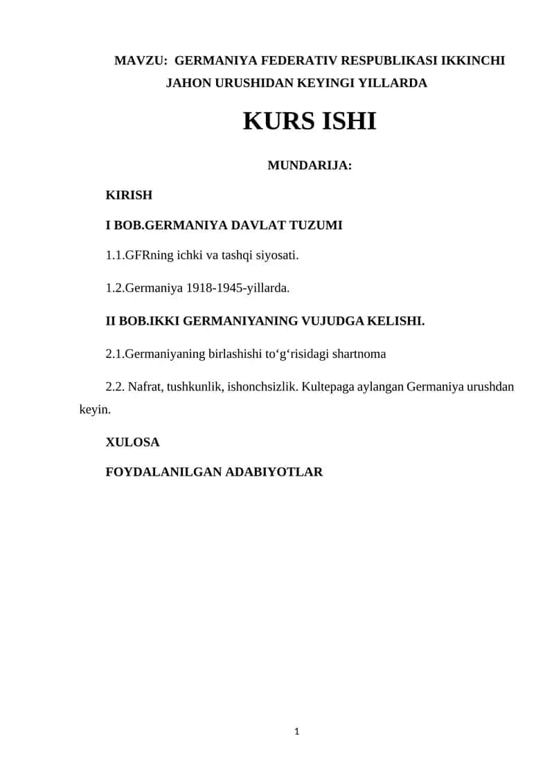 Germaniya Federativ Respublikasi Ikkinchi Jahon Urushidan Keyingi Yillarda Kurs Ishi 1