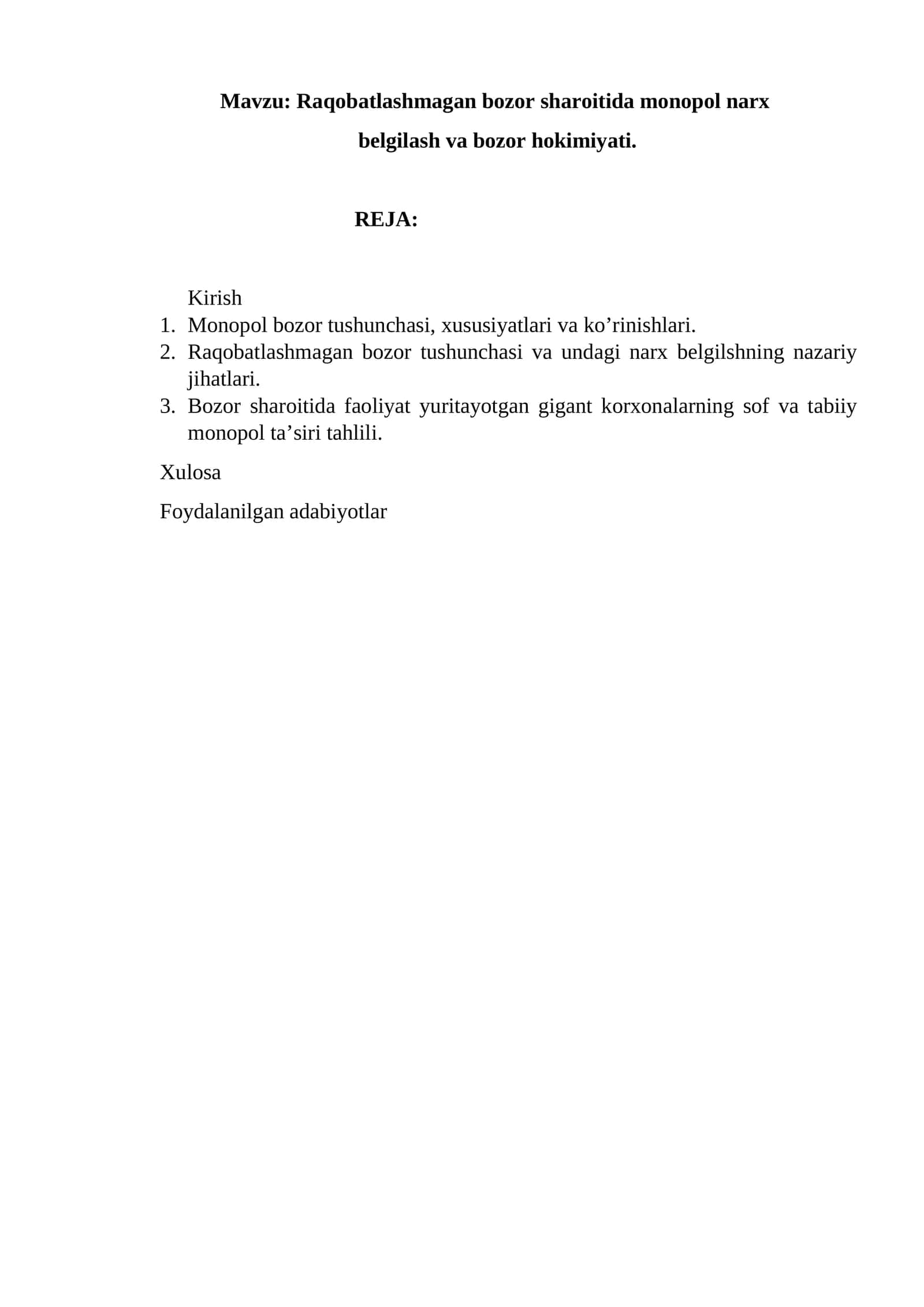 Raqobatlashmagan bozor sharoitida monopol narx belgilash va bozor hokimiyati 1