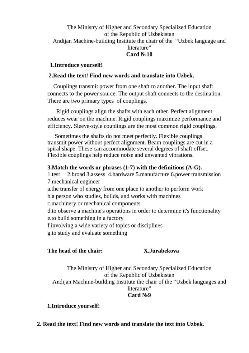 Andijan Machine-building Institute, "Uzbek language and literature" department, Card №10 1