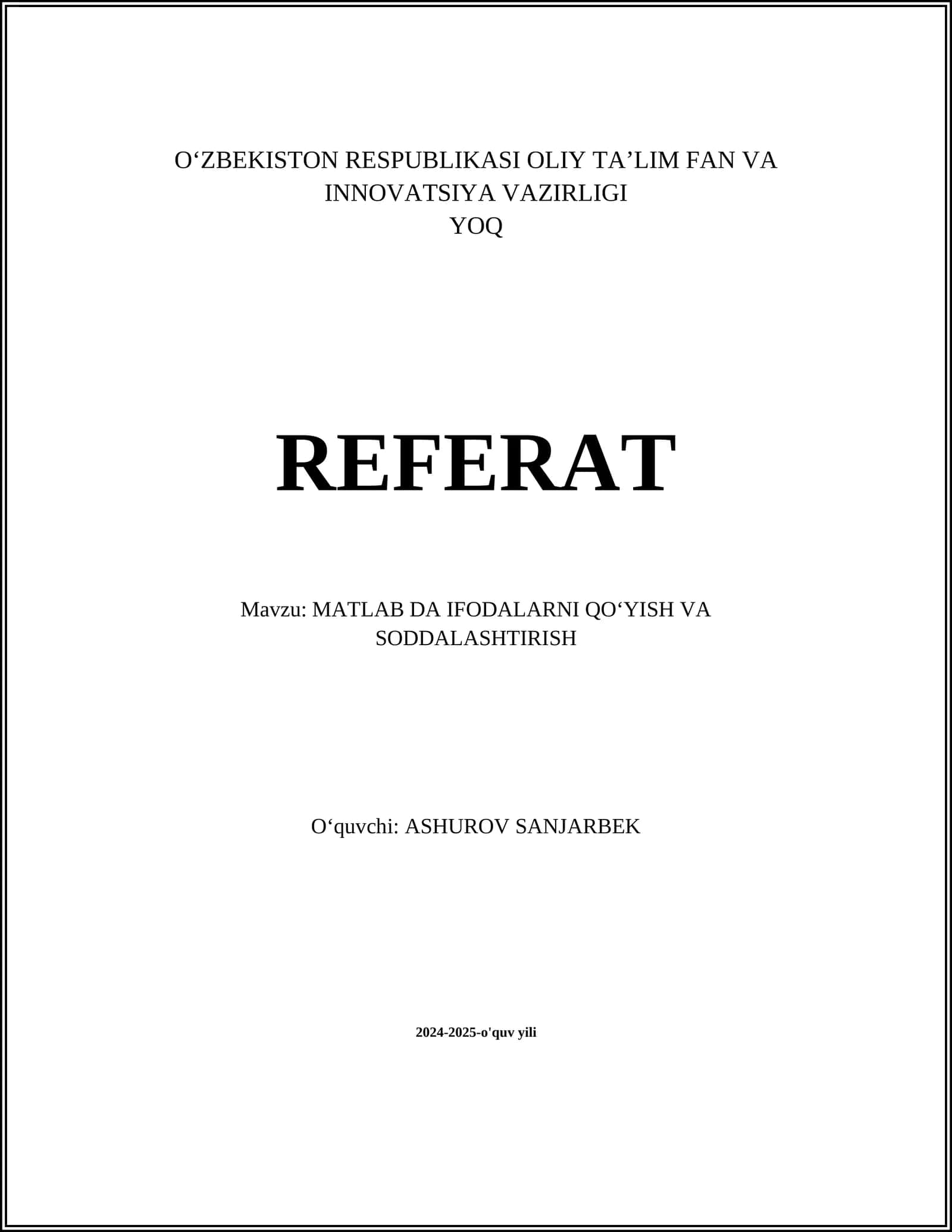 MATLAB DA IFODALARNI QOʻYISH VA SODDALASHTIRISH 1