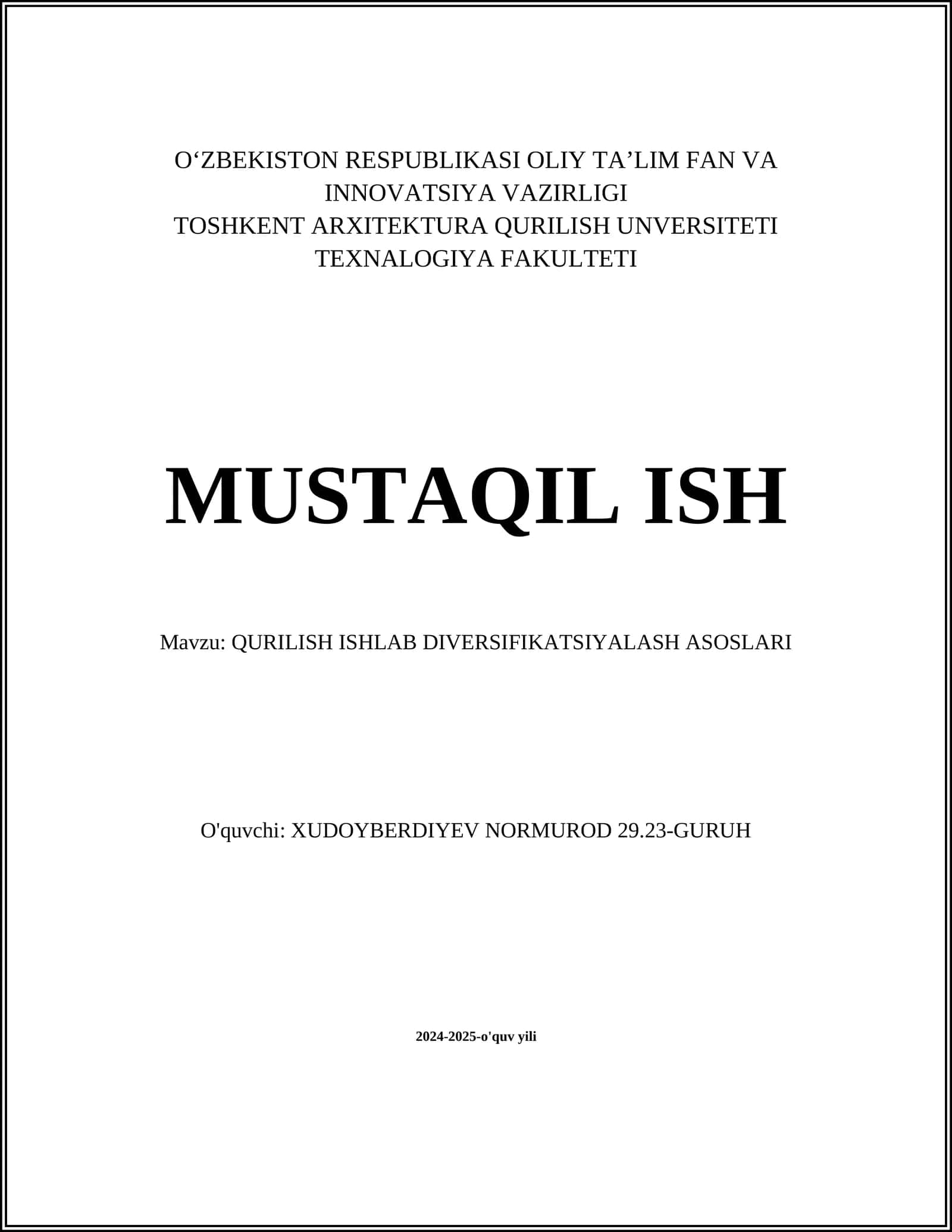 QURILISH ISHLAB DIVERSIFIKATSIYALASH ASOSLARI 1