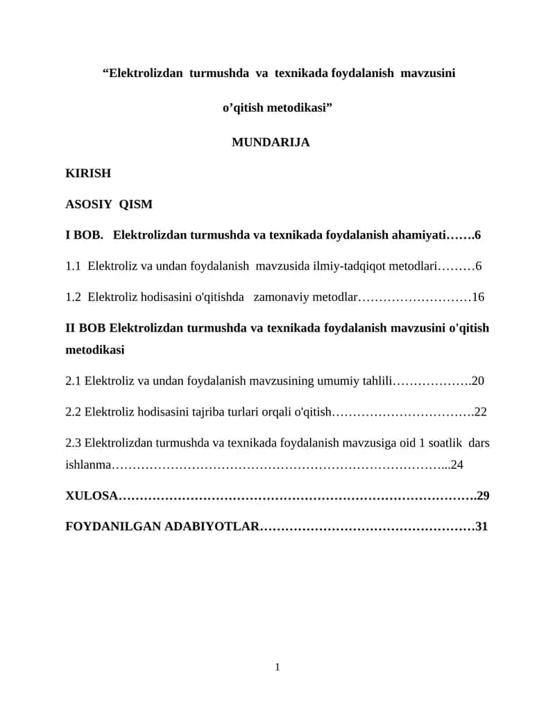 “Elektrolizdan  turmushda  va  texnikada foydalanish  mavzusini  o’qitish metodikasi” 1