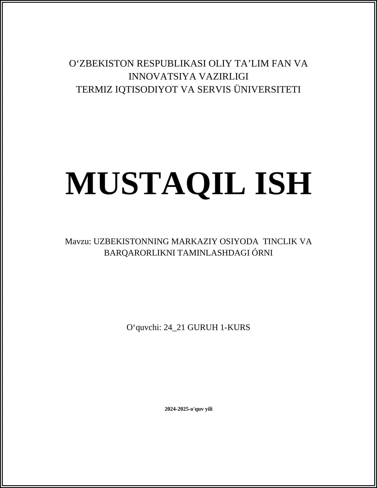 UZBEKISTONNING MARKAZIY OSIYODA TINCLIK VA BARQARORLIKNI TAMINLASHDAGI ÓRNI 1