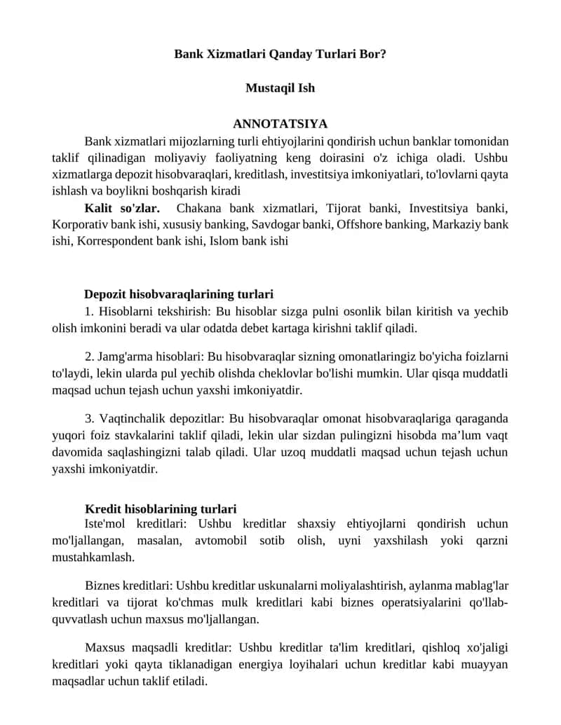Bank Xizmatlari Qanday Turlari Bor? 1
