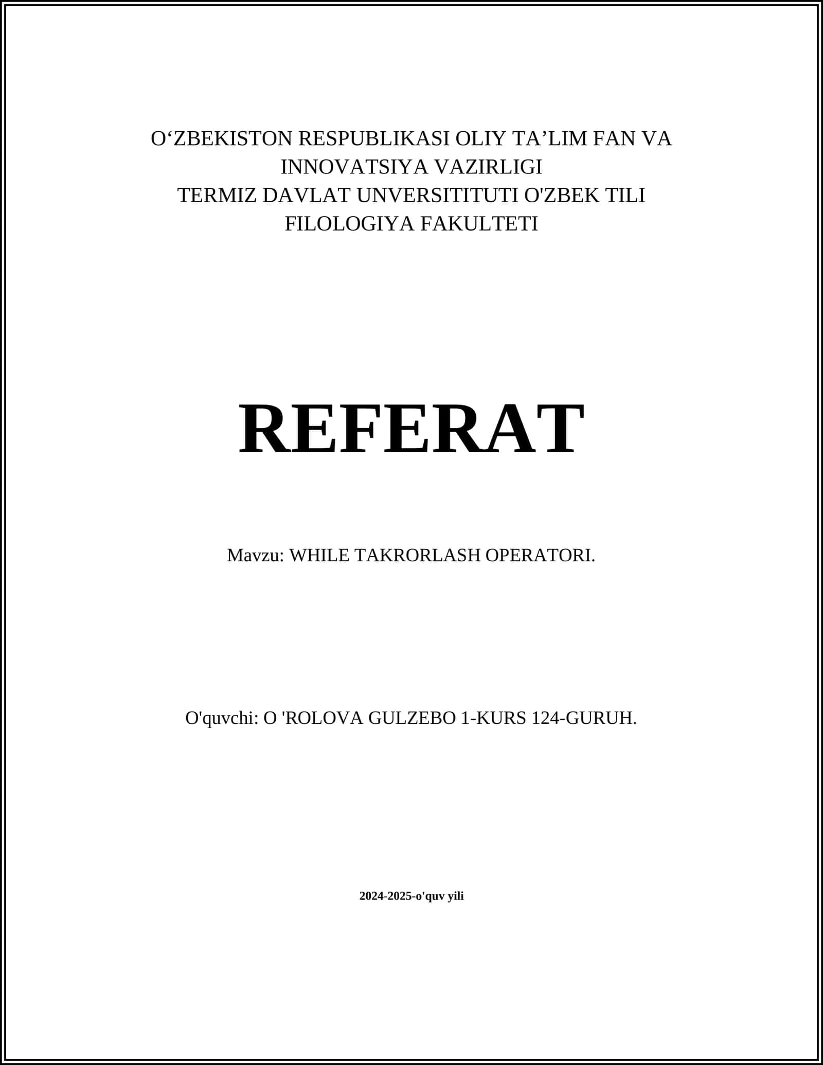 WHILE TAKRORLASH OPERATORI 1