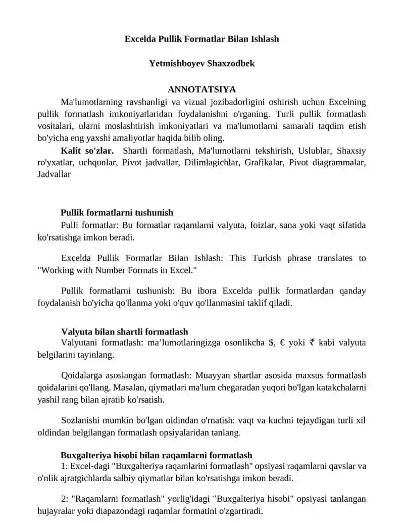 Excelda Pullik Formatlar Bilan Ishlash