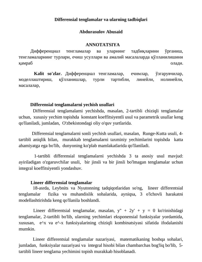 Differensial tenglamalar va ularning tadbiqlari 1