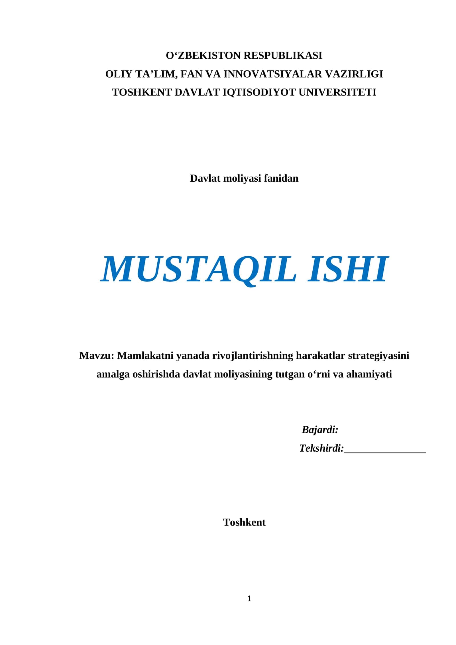 Harakatlar strategiyasida davlat moliyasining o‘rni va ahamiyati – Mustaqil ish (DOC) | 1