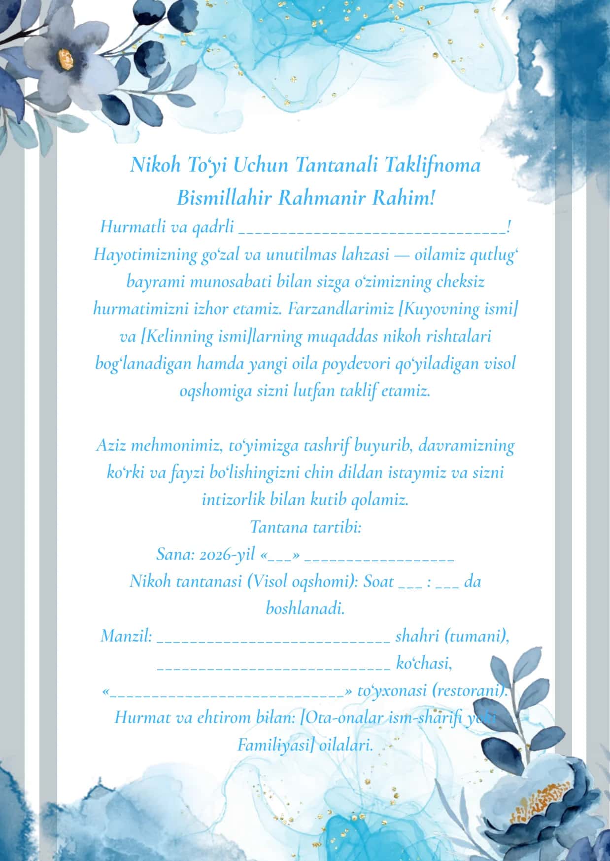 NikohTo‘yi Uchun Tantanali Taklifnoma 1