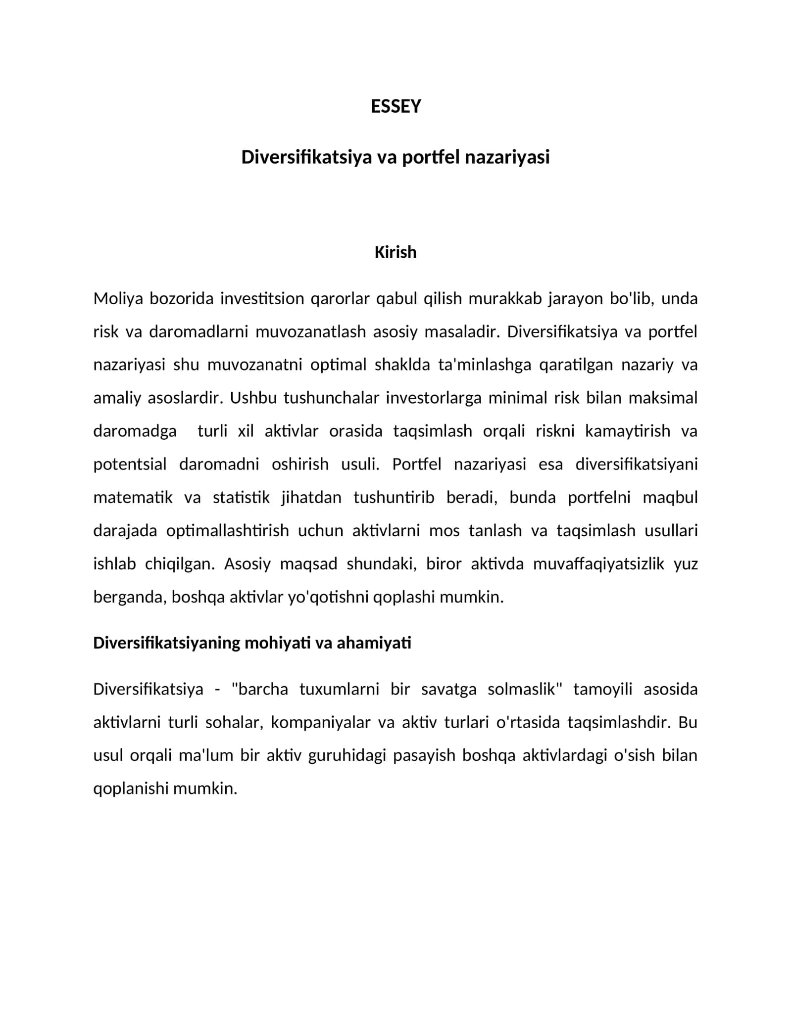 Diversifikatsiya va portfel nazariyasi 1