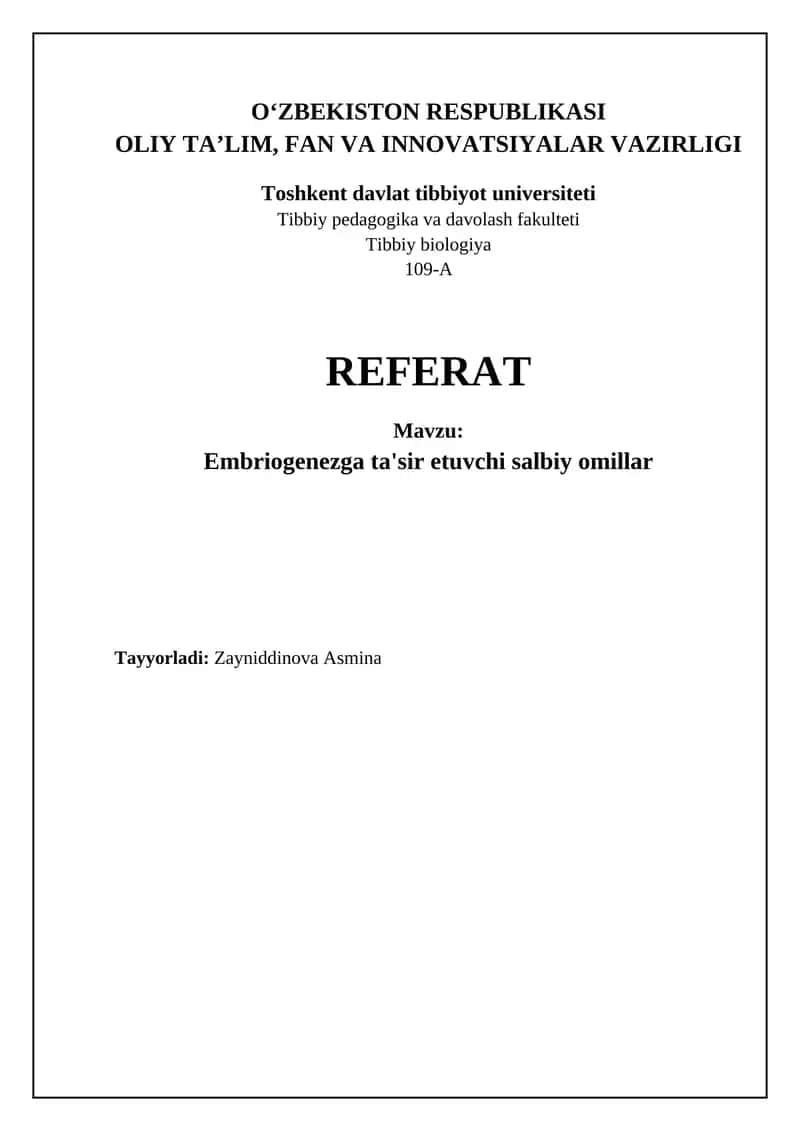 Embriogenezga ta'sir etuvchi salbiy omillar 1