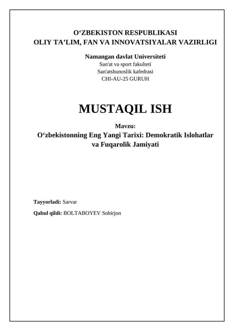 O‘zbekistonning Eng Yangi Tarixi: Demokratik Islohatlar va Fuqarolik Jamiyati 1