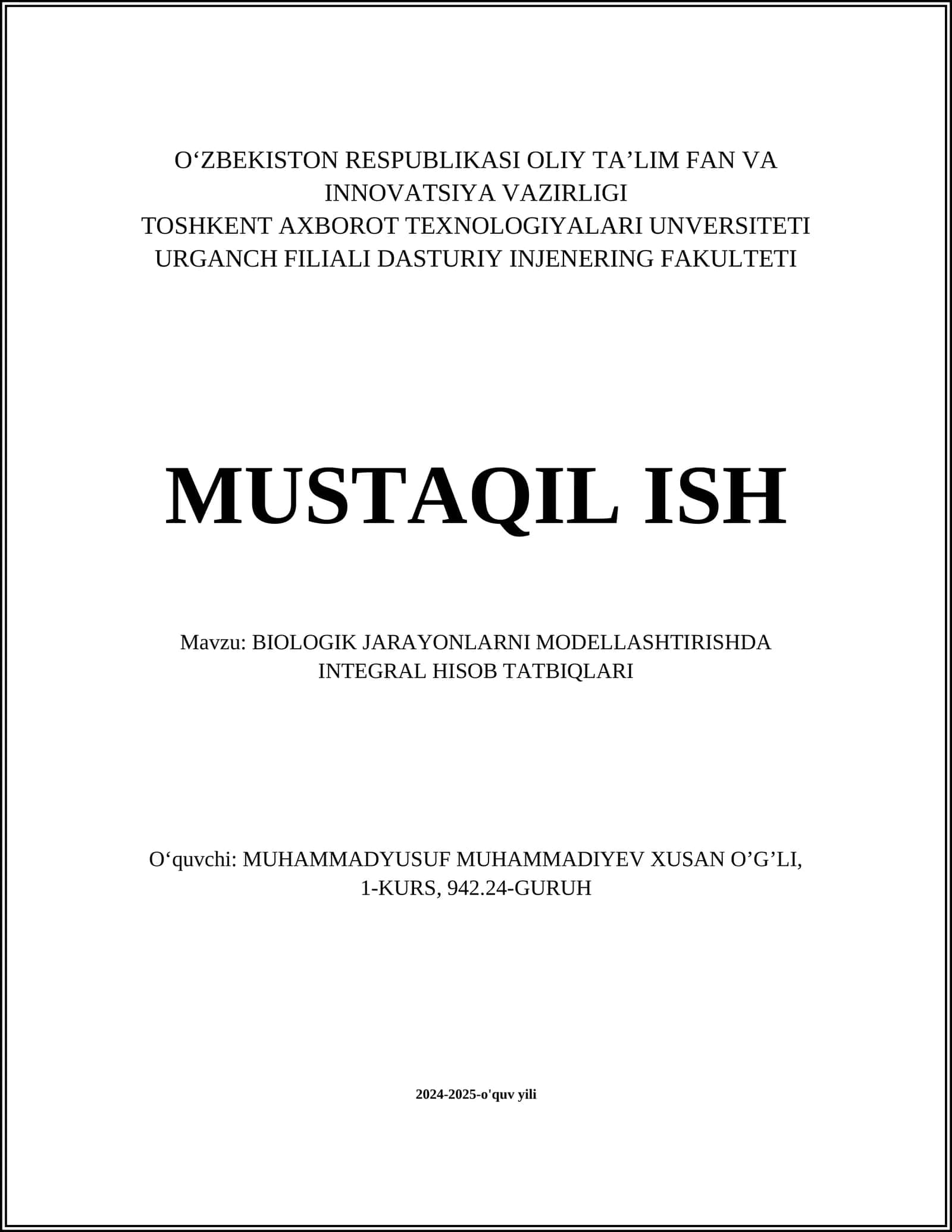 BIOLOGIK JARAYONLARNI MODELLASHTIRISHDA INTEGRAL HISOB TATBIQLARI 1