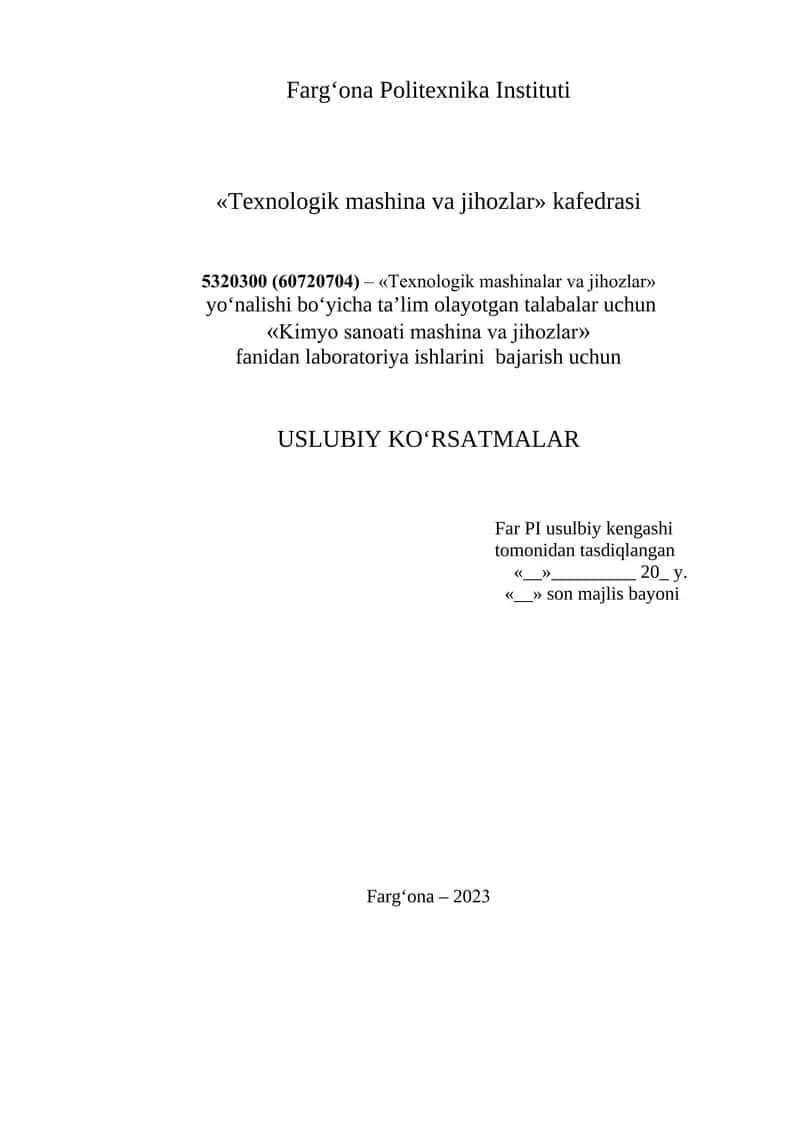 "Kimyo sanoati mashina va jihozlar" laboratoriya ishlari 1
