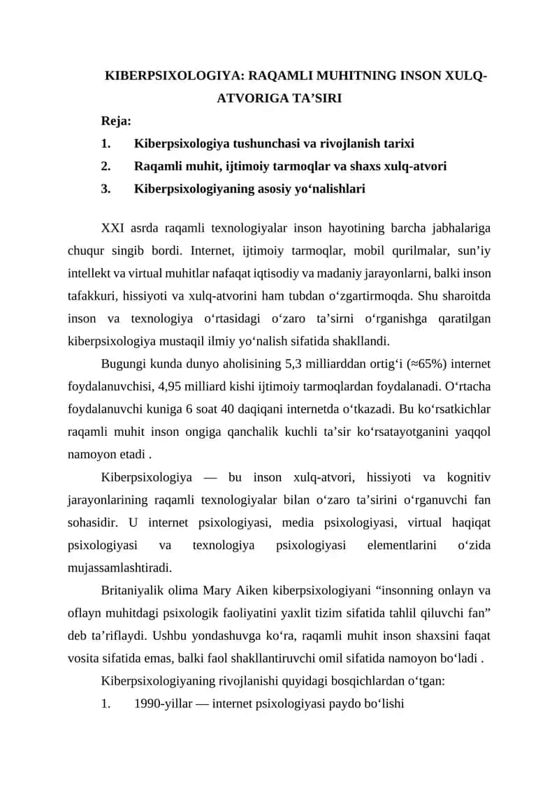 KIBERPSIXOLOGIYA: RAQAMLI MUHITNING INSON XULQ-ATVORIGA TA’SIRI 1
