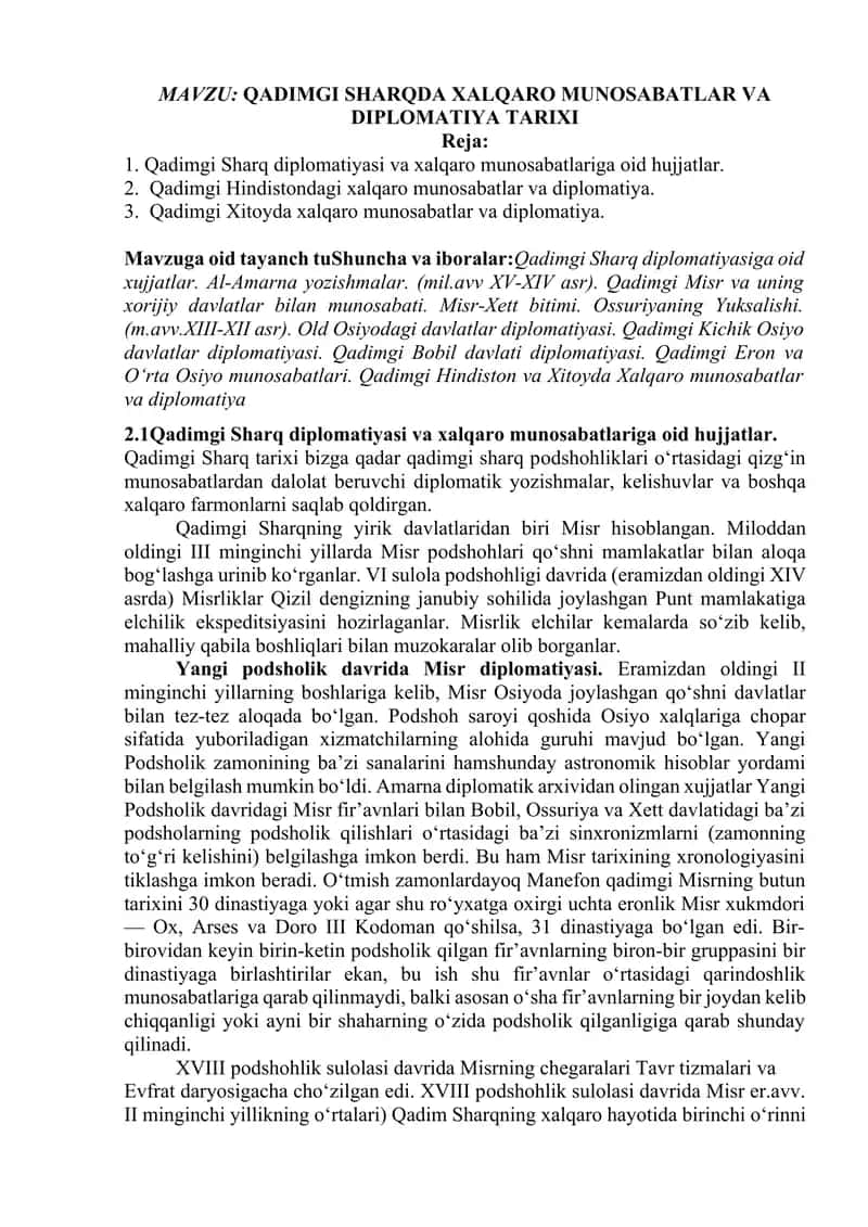 QADIMGI SHARQDA XALQARO MUNOSABATLAR VA DIPLOMATIYA TARIXI 1