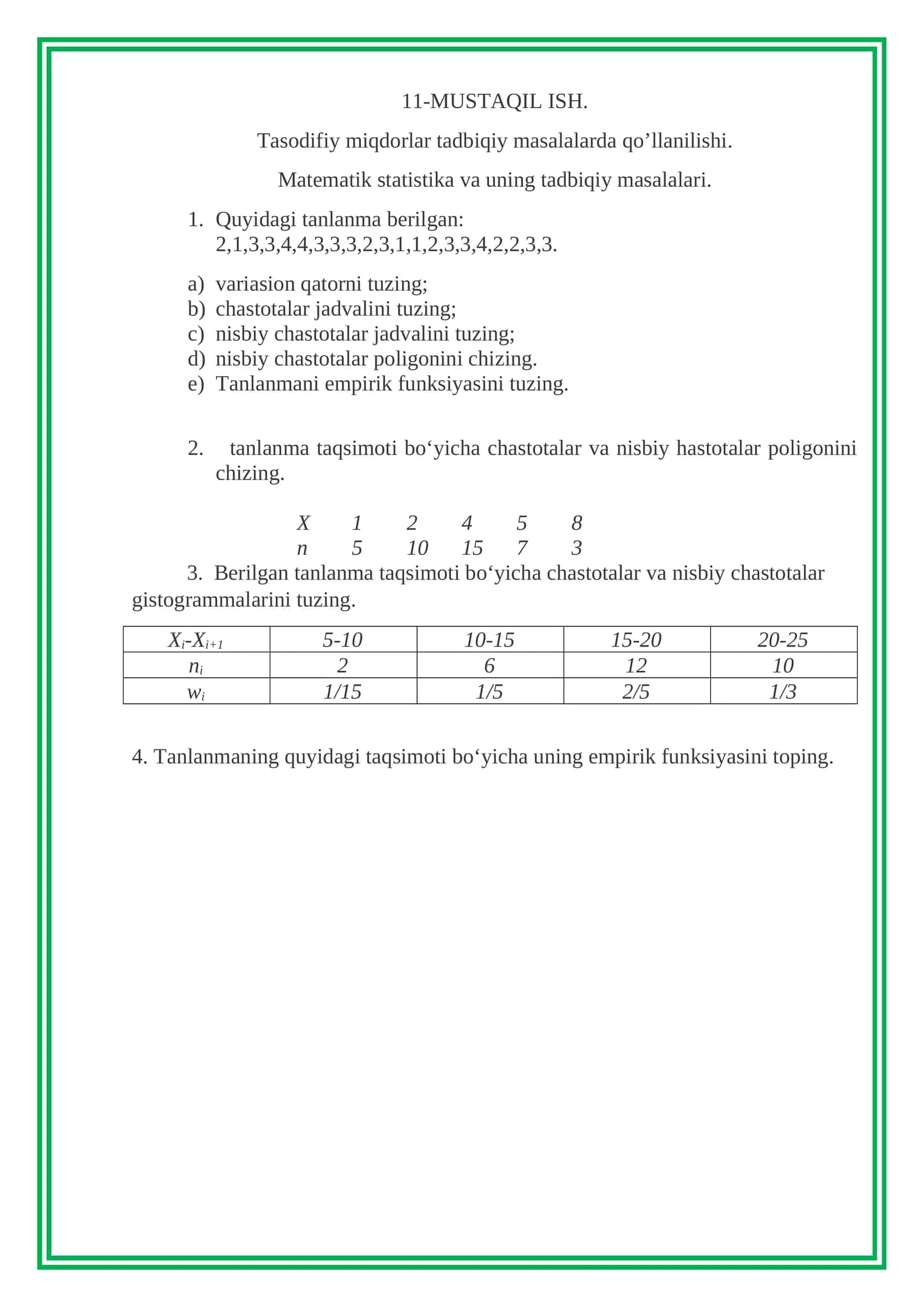 Tasodifiy miqdorlar tadbiqiy masalalarda qo’llanilishi 1