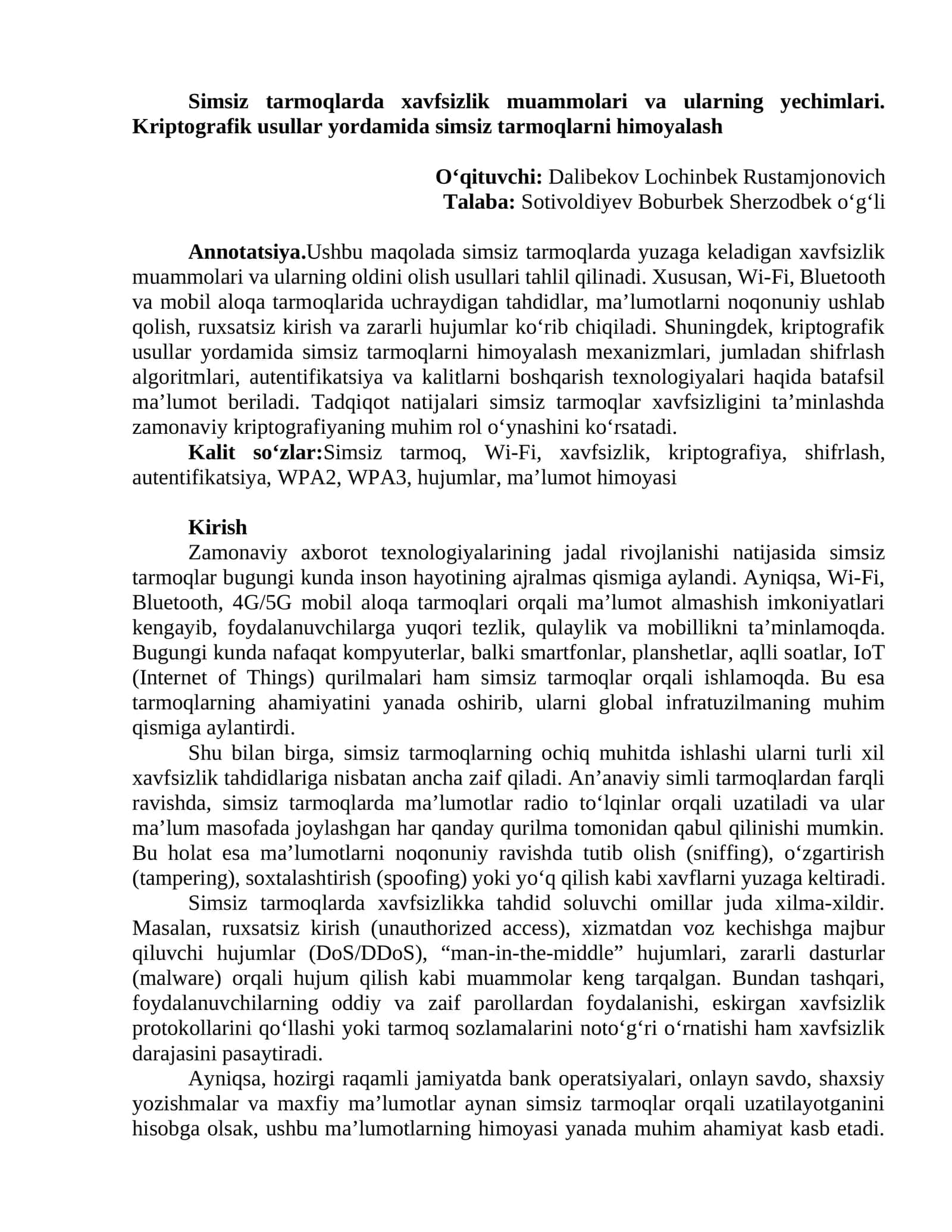 Simsiz tarmoqlarda xavfsizlik muammolari va ularning yechimlari. Kriptografik usullar yordamida simsiz tarmoqlarni himoyalash 1