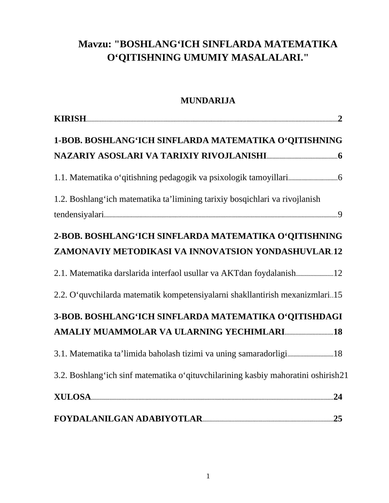 BOSHLANG‘ICH SINFLARDA MATEMATIKA O‘QITISHNING UMUMIY MASALALARI 1