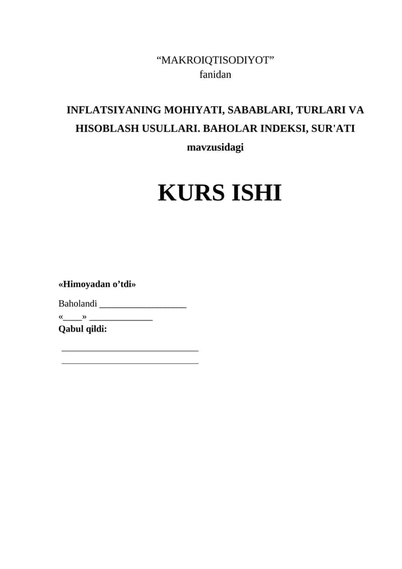 INFLATSIYA TURLARI SABABLARI VA HISOBLASH USULLARI. BAHOLASH INDEKSI 1