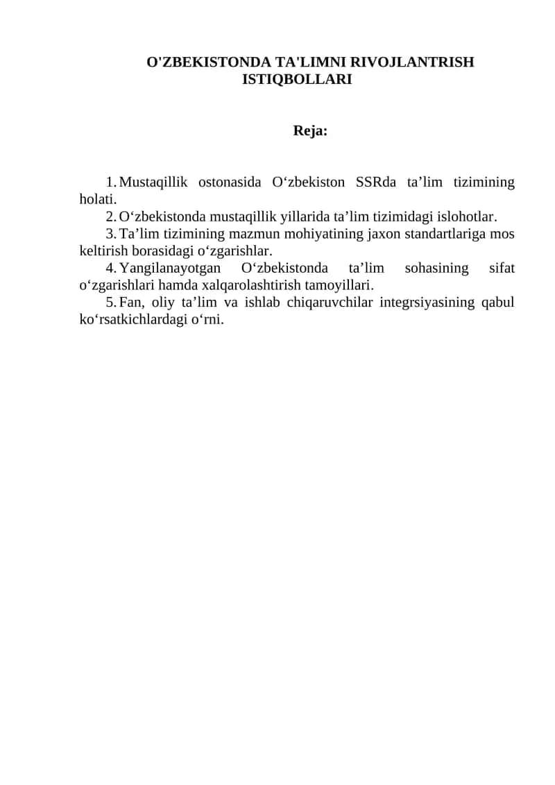 O'ZBEKISTONDA TA'LIMNI RIVOJLANTRISH ISTIQBOLLARI 1