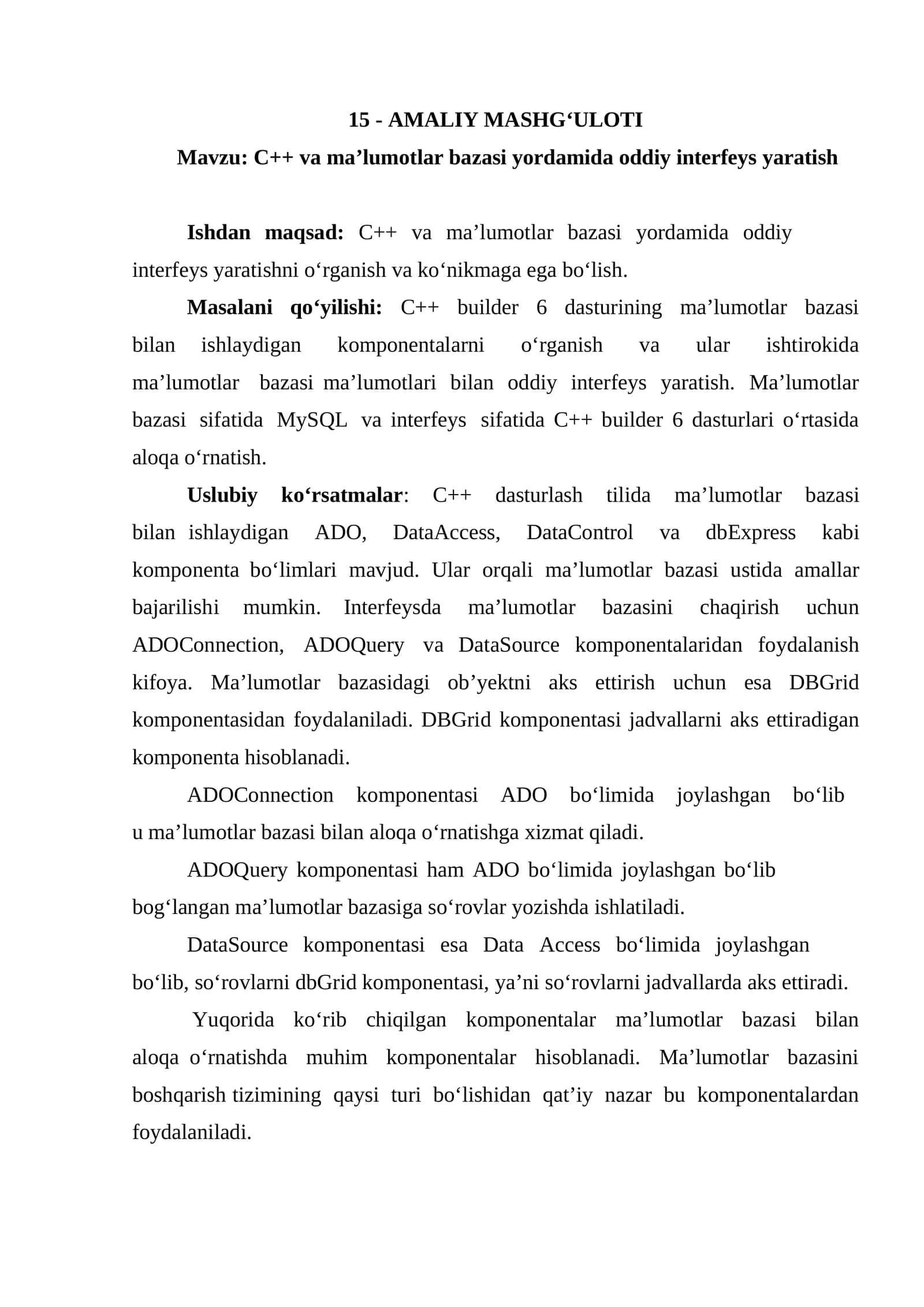C++ va ma’lumotlar bazasi yordamida oddiy interfeys yaratish 1