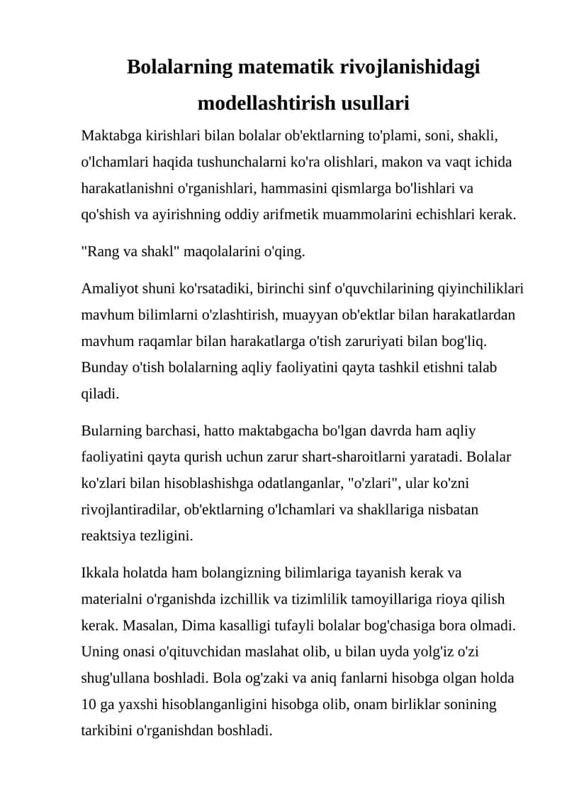 Bolalarning matematik rivojlanishidagi modellashtirish usullari 1