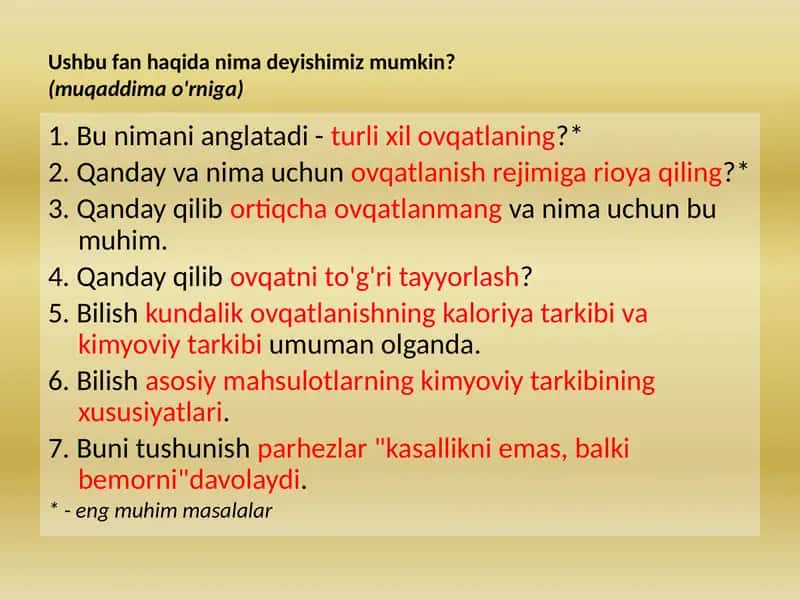 Ovqatlanishning mahsulotlar kimyoviy tarkibi 1
