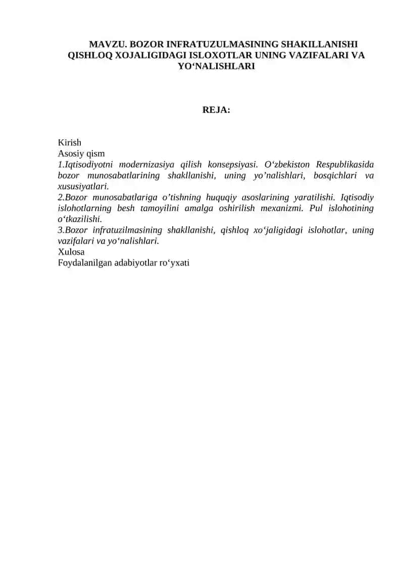 Bozor Infratuzulmasining Shakillanishi Qishloq Xojaligidagi Isloxotlar