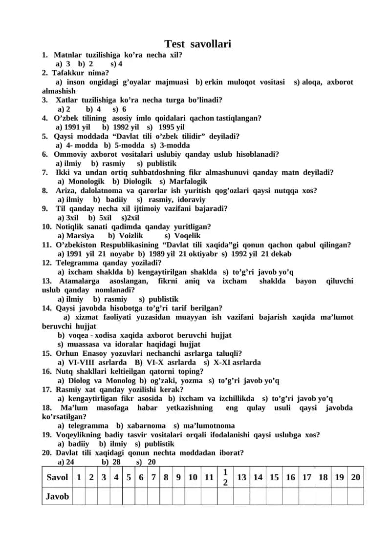 Davlat tilida ish yuritish fanidan testlar 1