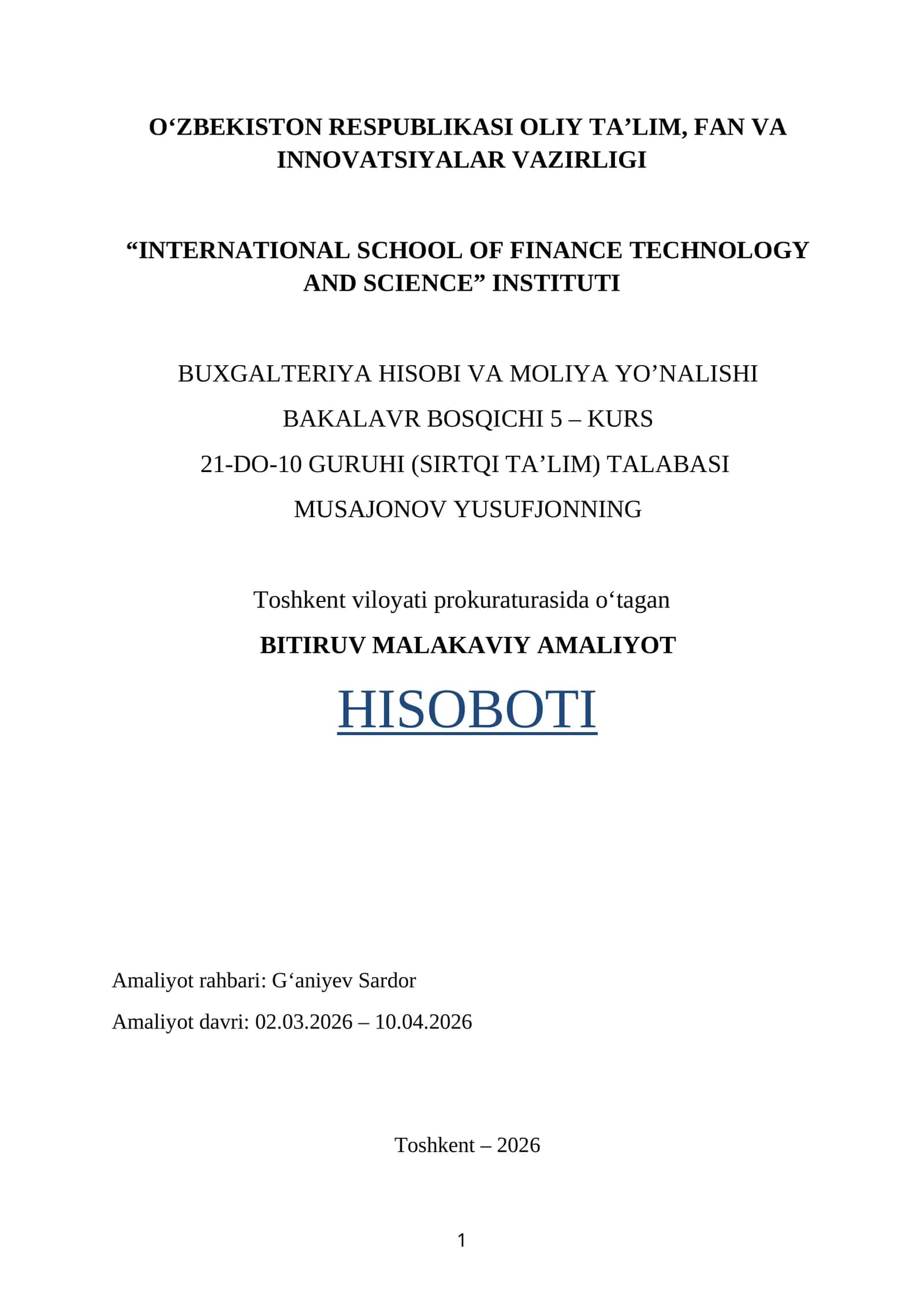 TOSHKENT VILOYATI PROKURATURASI. BITIRUV MALAKAVIY AMALIYOT 1