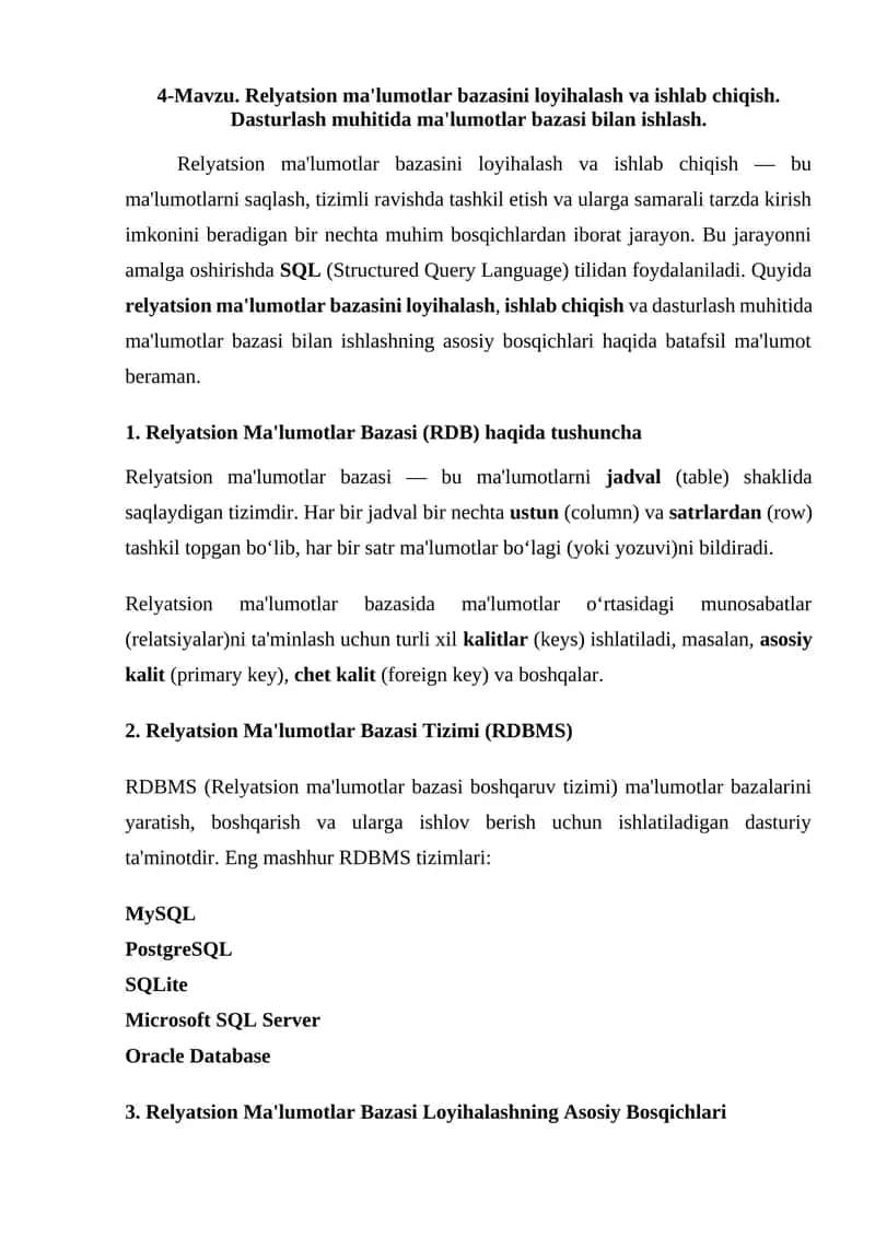 Relyatsion ma'lumotlar bazasini loyihalash va ishlab chiqish 1