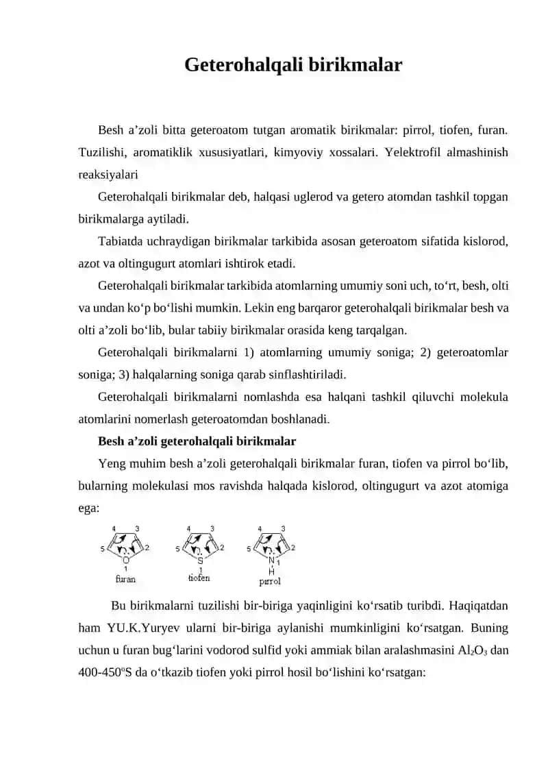 Besh a’zoli geterohalqali birikmalar