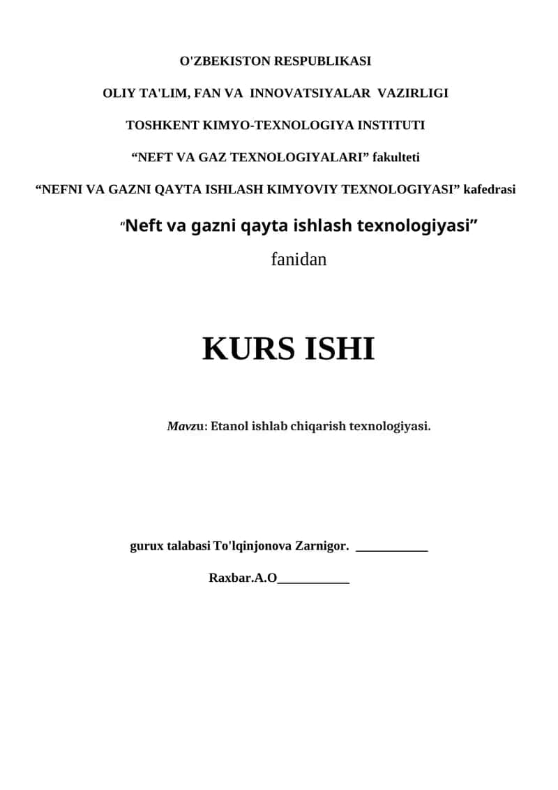 Etanol ishlab chiqarish texnologiyasi 1