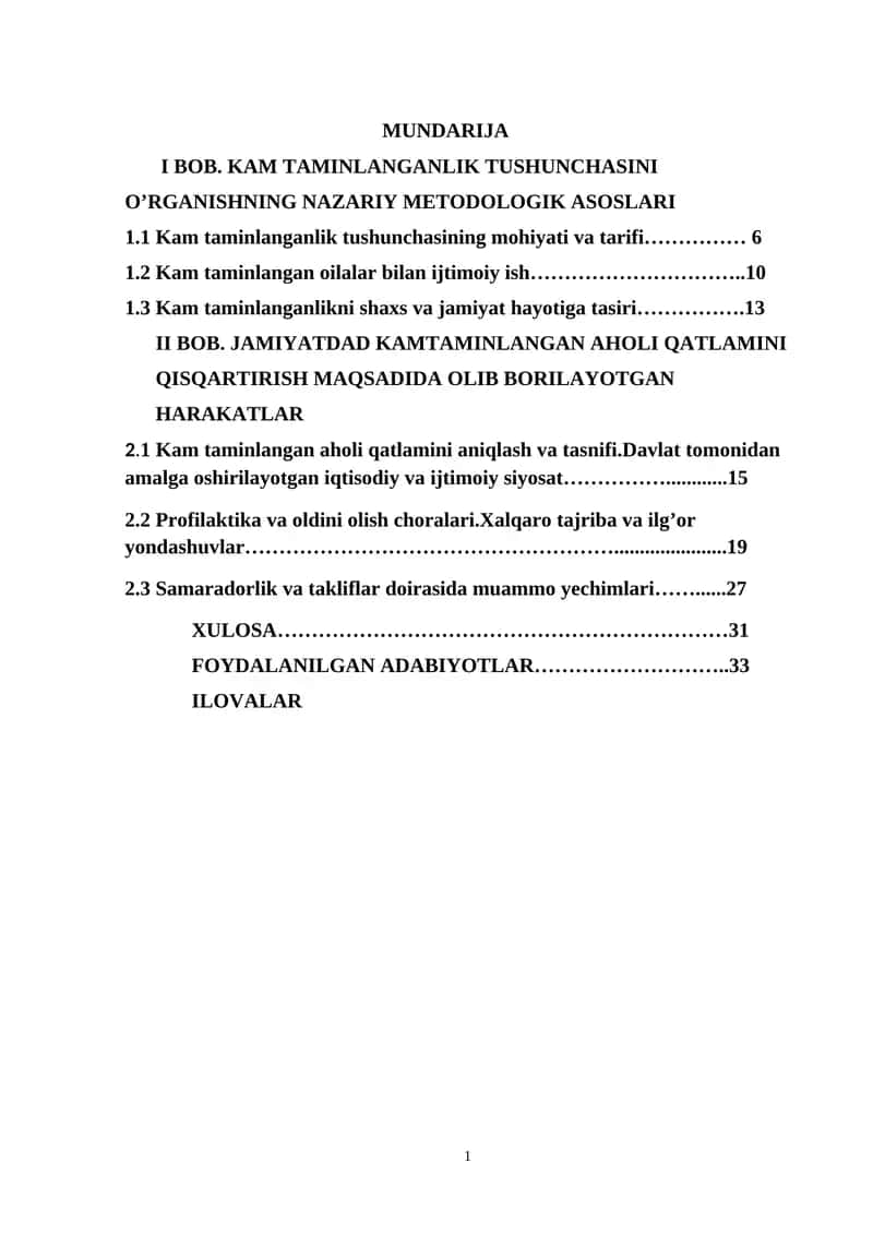 MUNDARIJA I BOB. KAM TAMINLANGANLIK TUSHUNCHASINI O’RGANISHNING NAZARIY METODOLOGIK ASOSLARI 1