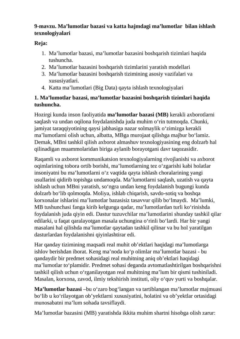 Ma’lumotlar bazasi va katta hajmdagi ma’lumotlar bilan ishlash texnologiyalari 1