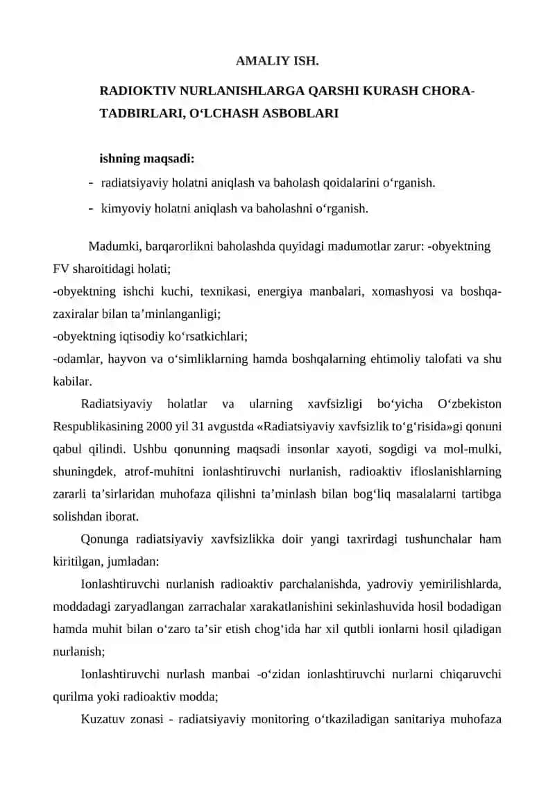 RADIOKTIV NURLANISHLARGA QARSHI KURASH CHORA-TADBIRLARI, O‘LCHASH ASBOBLARI