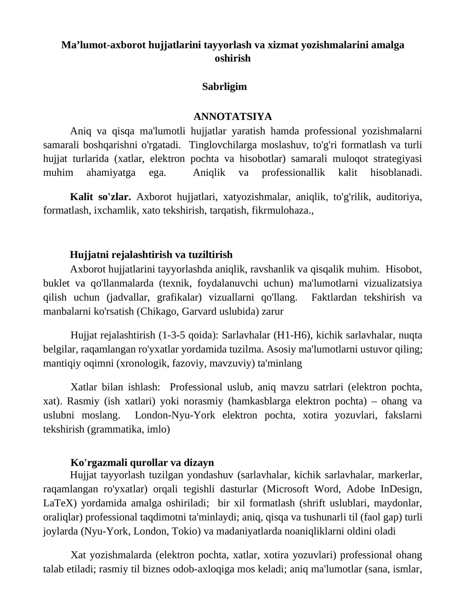 Ma’lumot-axborot hujjatlarini tayyorlash va xizmat yozishmalarini amalga oshirish 1